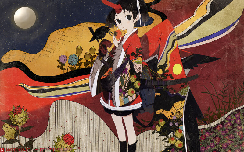 anime girl with crow and sword