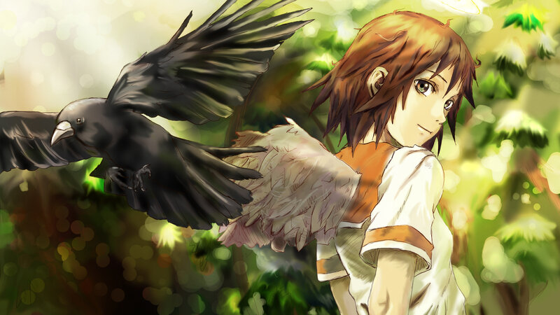 anime girl with crow and wings