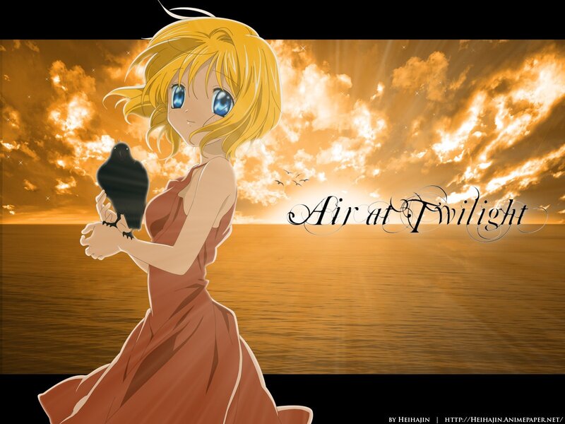 Anime girl with crow at sunset