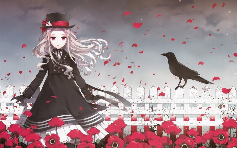 Anime Girl with Crow — Black, Dramatic, Digital Art, Poppies