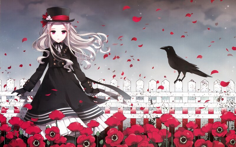 Anime Girl with Crow — Black, Dramatic, Digital Art, Poppy Flowers