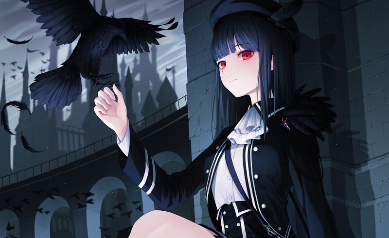 Anime Girl with Crow — Black, Dramatic, Night, Digital Art, Castle