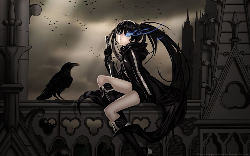 Anime Girl with Crow — Black, Dramatic, Night, Digital Art, Sword