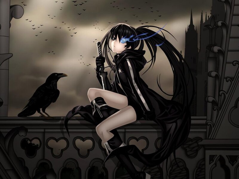 Anime Girl with Crow — Black, Dramatic, Night, Sword, Castle