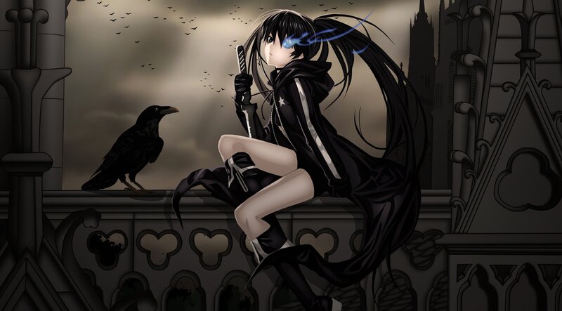 Anime Girl with Crow — Black, Dramatic, Night, Sword