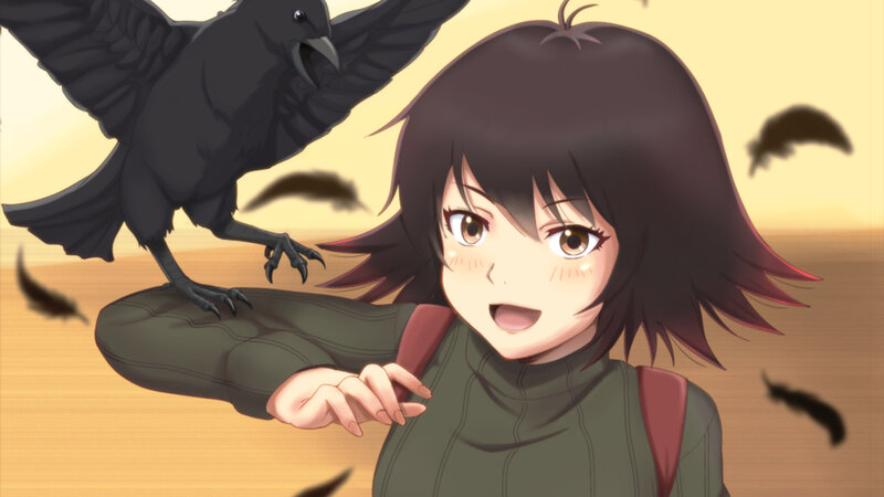 Anime Girl with Crow — Brown, Dramatic, Sunset