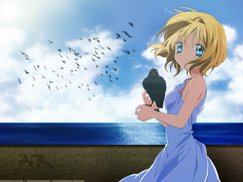 Anime girl with crow by the sea