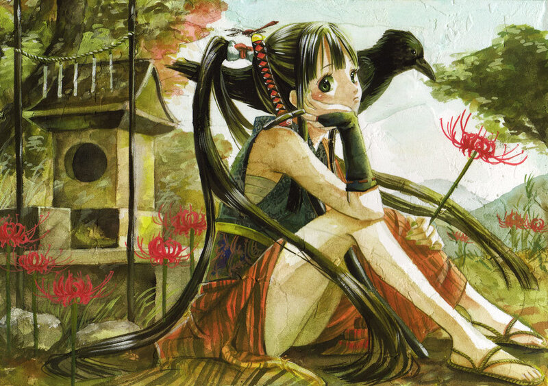 Anime Girl with Crow — Green