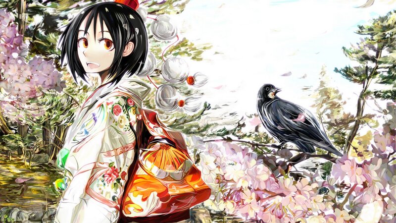 anime girl with crow in garden