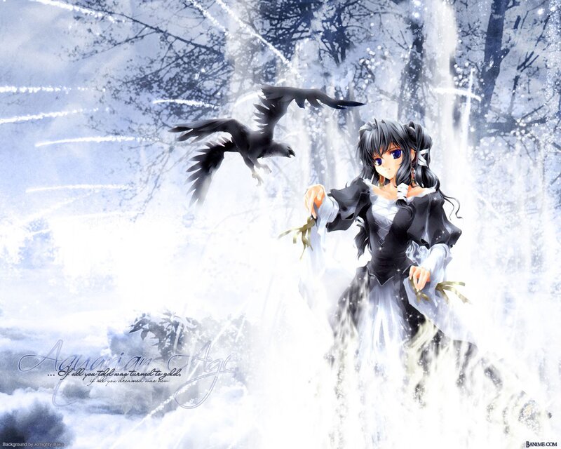 Anime girl with crow in snow