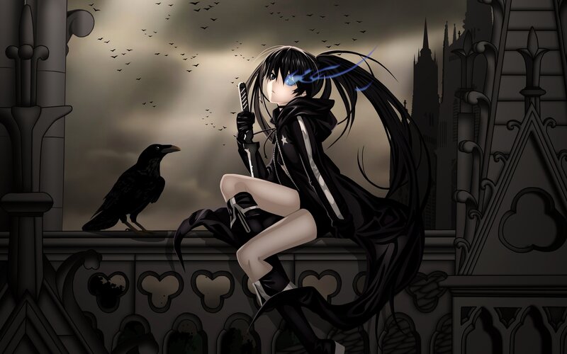 Anime girl with crow on balcony