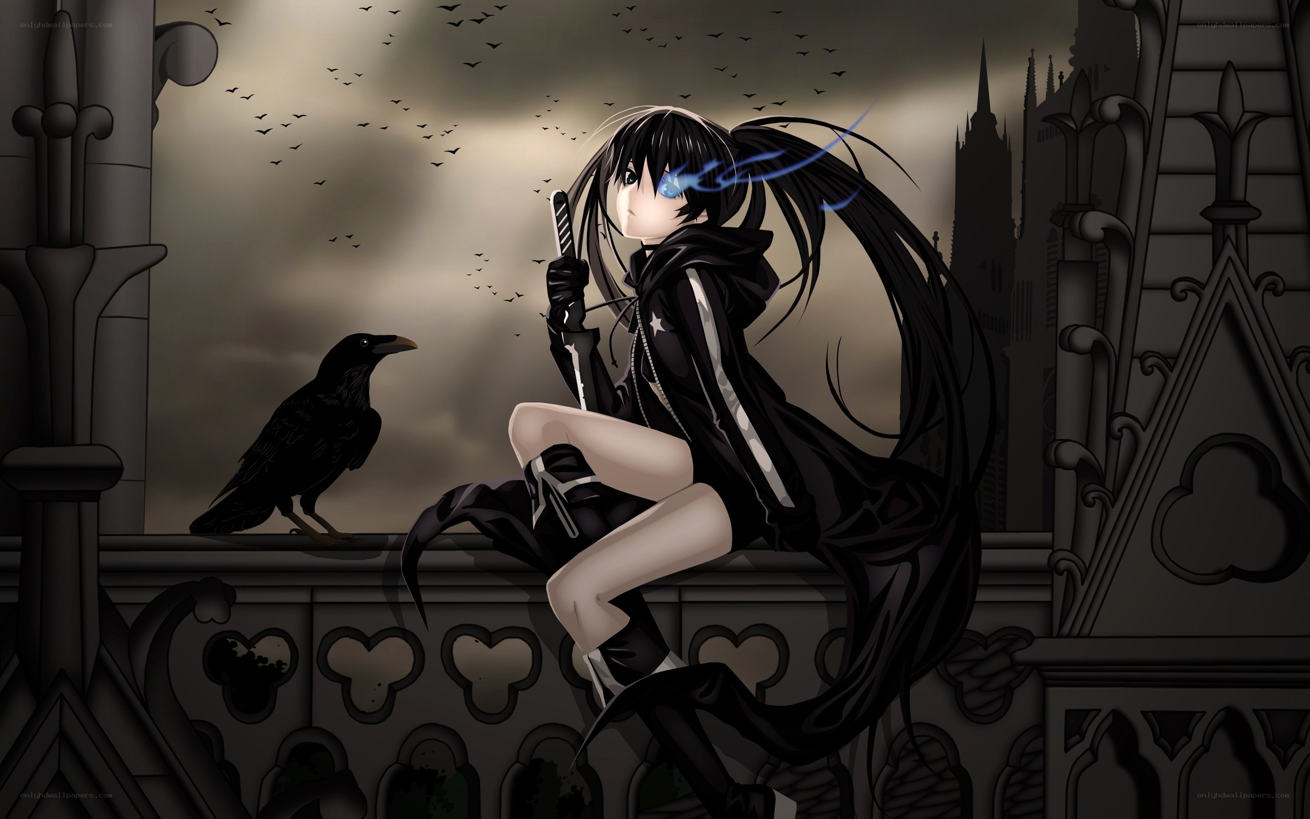 Anime girl with crow on balcony