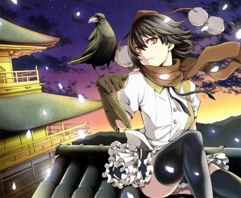anime girl with crow on shoulder
