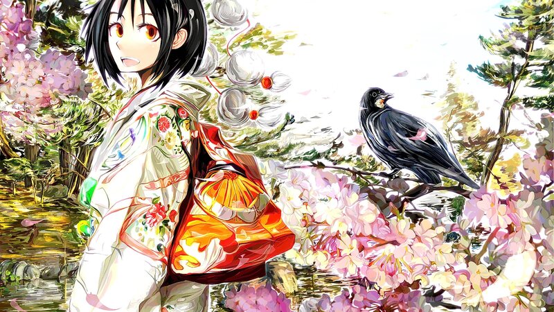Anime Girl with Crow — Pink, Serene