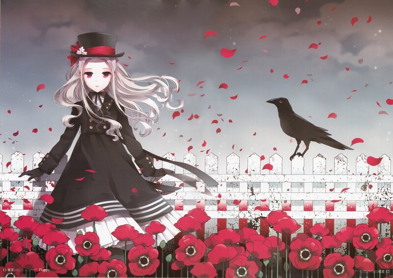 Anime Girl with Crow — Red, Dramatic, Digital Art
