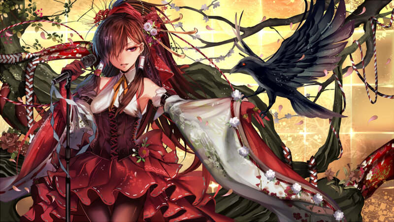 Anime Girl with Crow — Red, Dramatic, Sunset