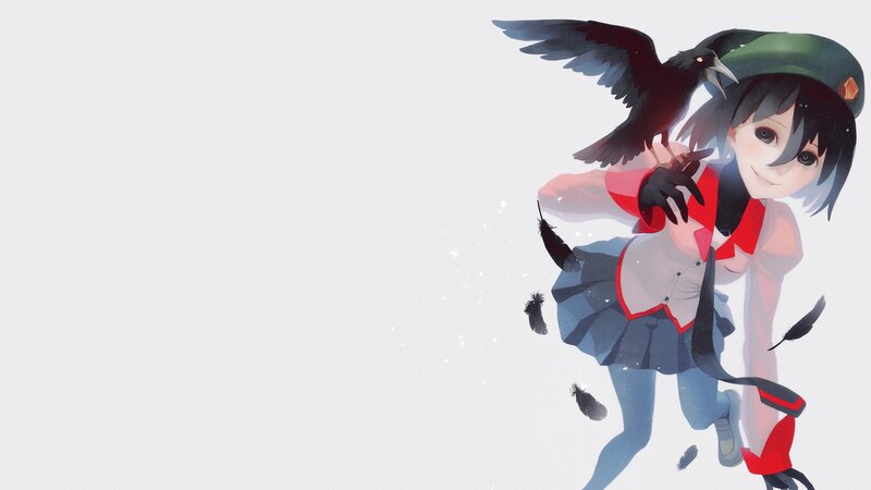 Anime Girl with Crow — White, Playful