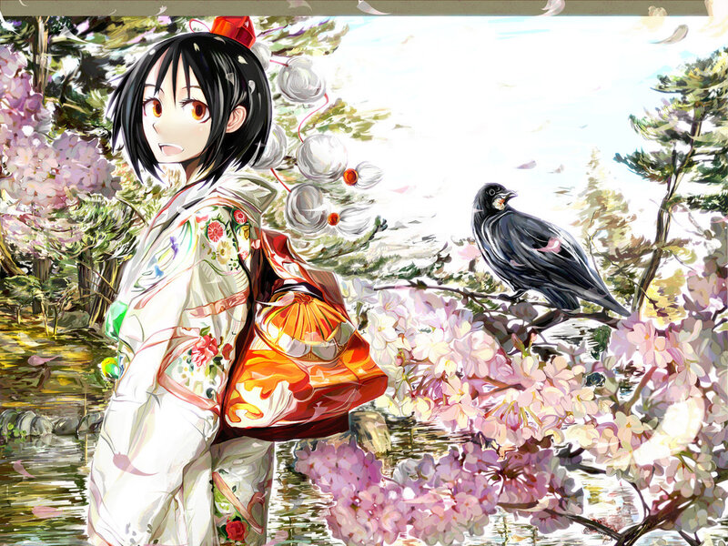 Anime Girl with Crow — White, Serene, Spring