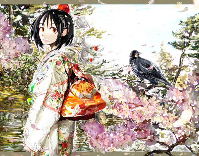 Anime Girl with Crow — White, Serene