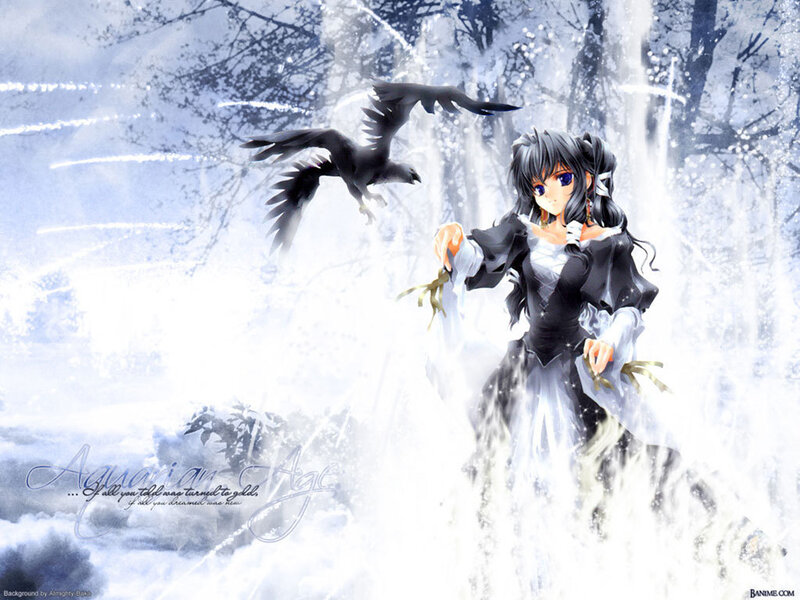 Anime Girl with Crow — White