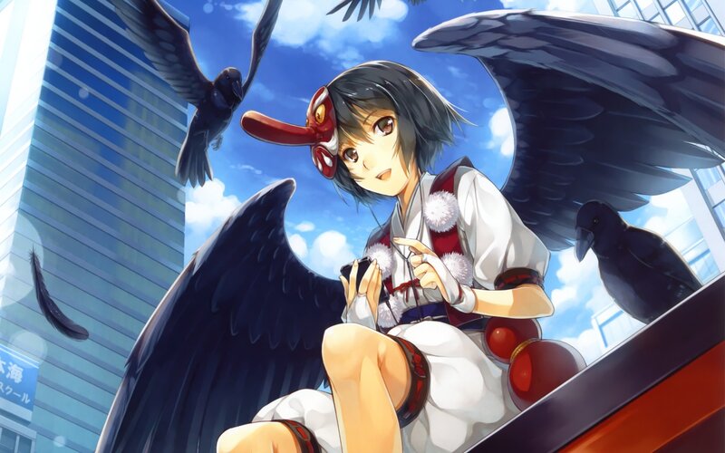 Anime Girl with Crow Wings — Blue