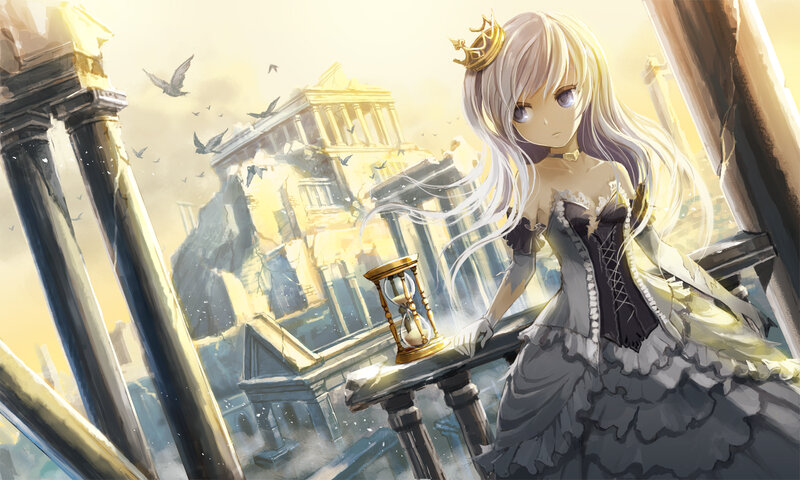 Anime Girl with Crown — White, Dramatic, Sunset