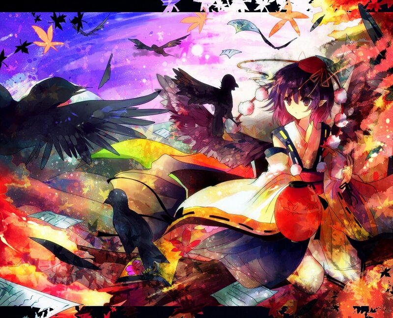 Anime girl with crows and autumn leaves
