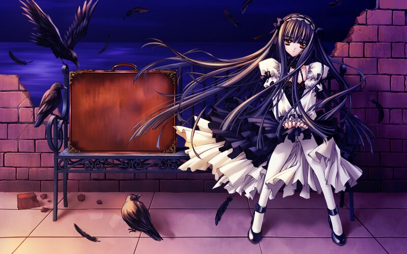 Anime girl with crows and suitcase