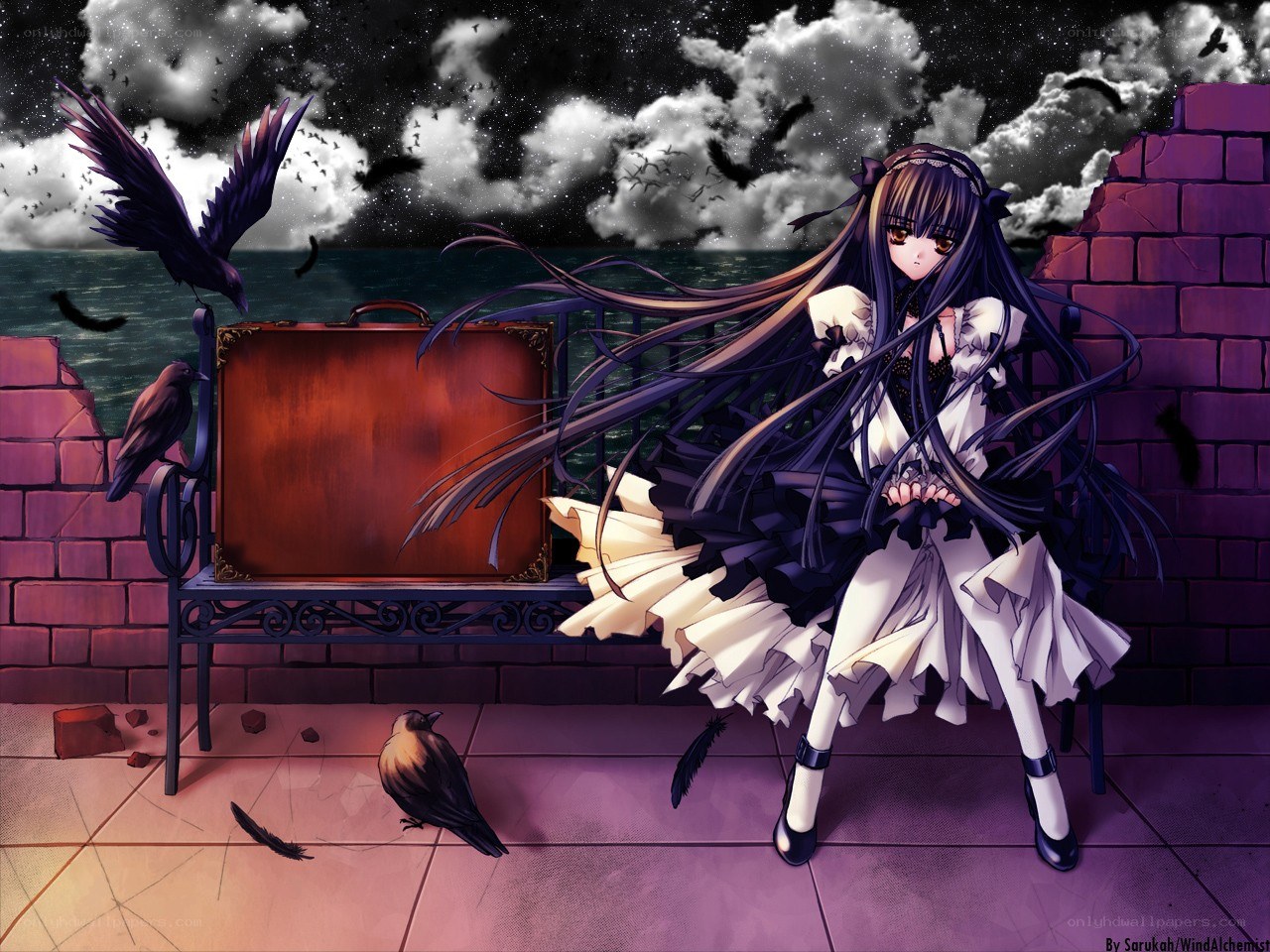 Anime girl with crows at night