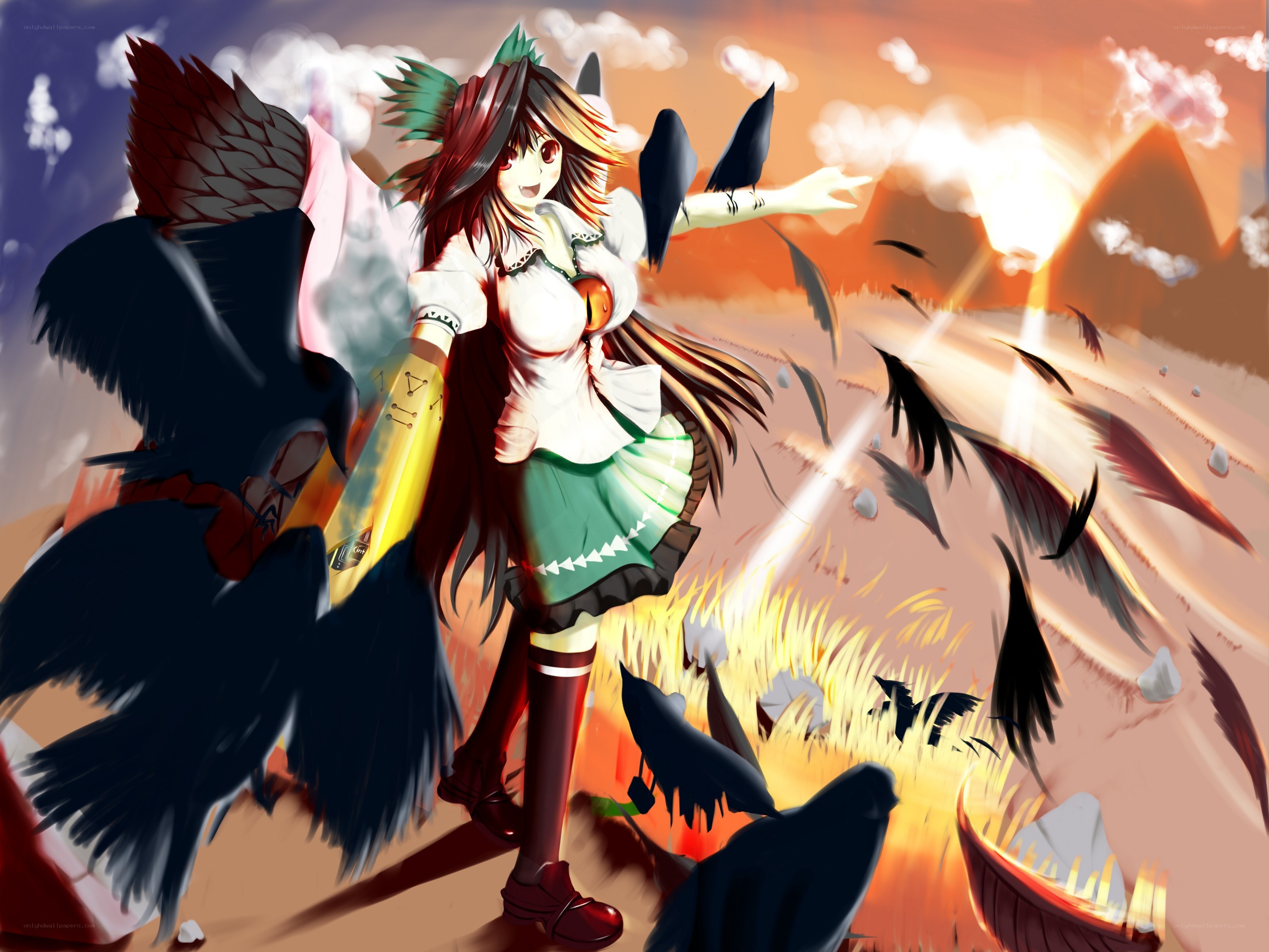 Anime girl with crows at sunset