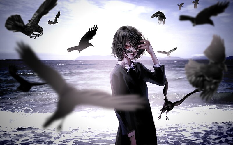 Anime Girl with Crows — Black, Dramatic, Afternoon