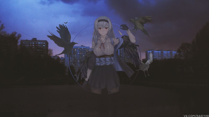 Anime Girl with Crows — Blue, Dramatic, Night, Digital Art