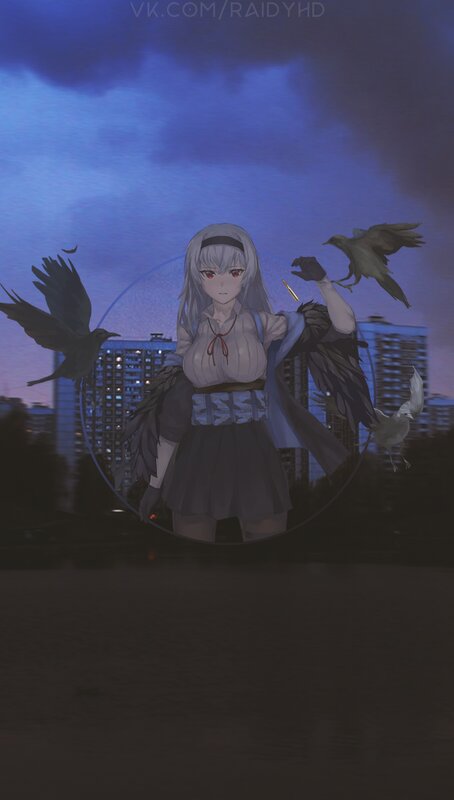 Anime Girl with Crows — Blue, Dramatic, Night