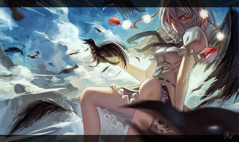 Anime Girl with Crows — Blue, Dramatic