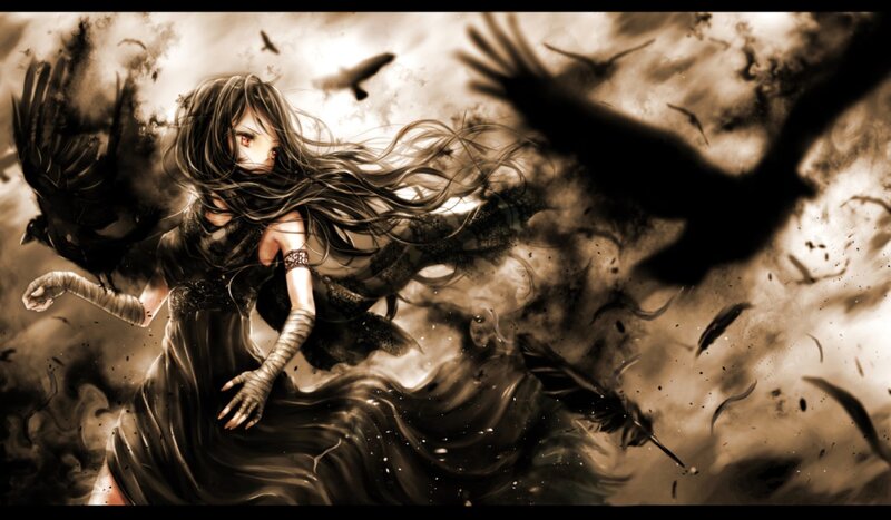 Anime Girl with Crows — Brown, Dramatic