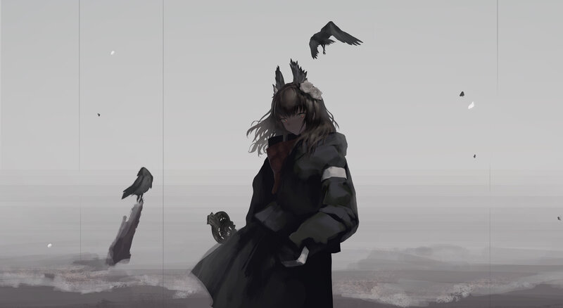 Anime Girl with Crows — Gray
