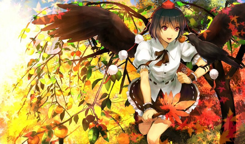 Anime girl with crows in autumn