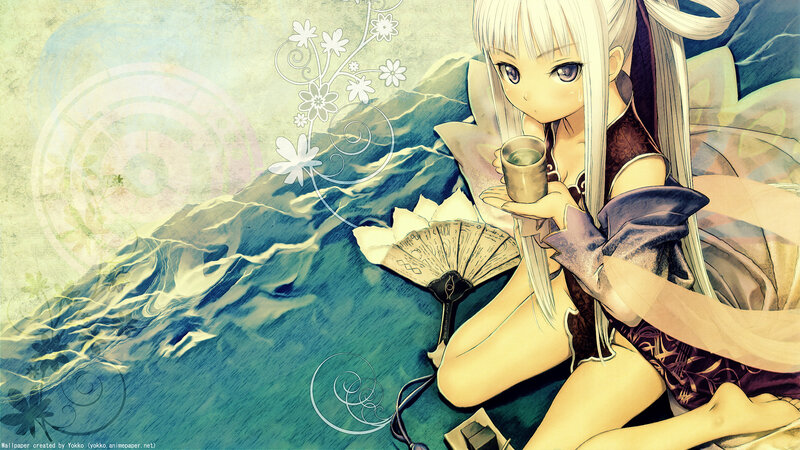 Anime girl with cup and fan