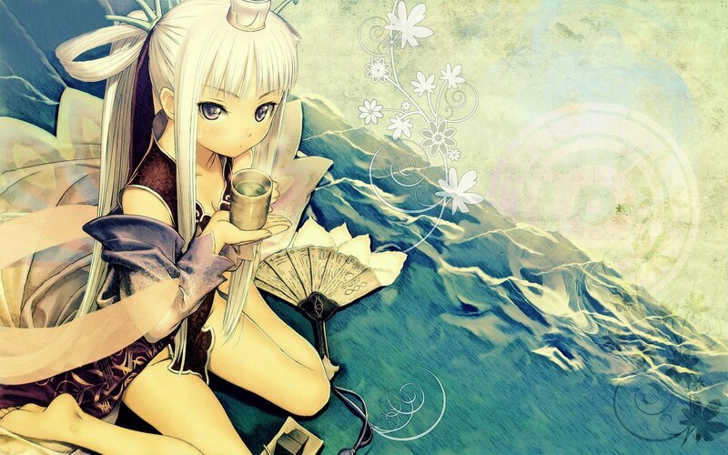 Anime girl with cup and fan