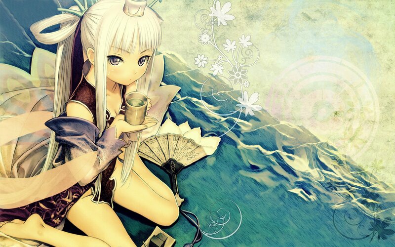 anime girl with cup and fan