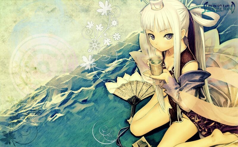 Anime Girl with Cup — Blue, Serene