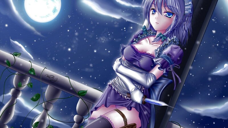 Anime girl with dagger at night