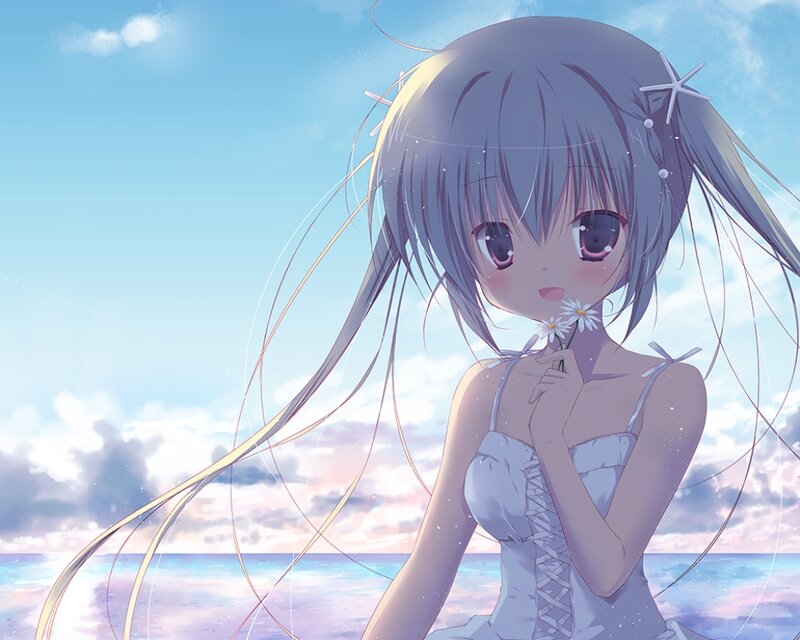 Anime Girl with Daisies — Blue, Serene, Sunset