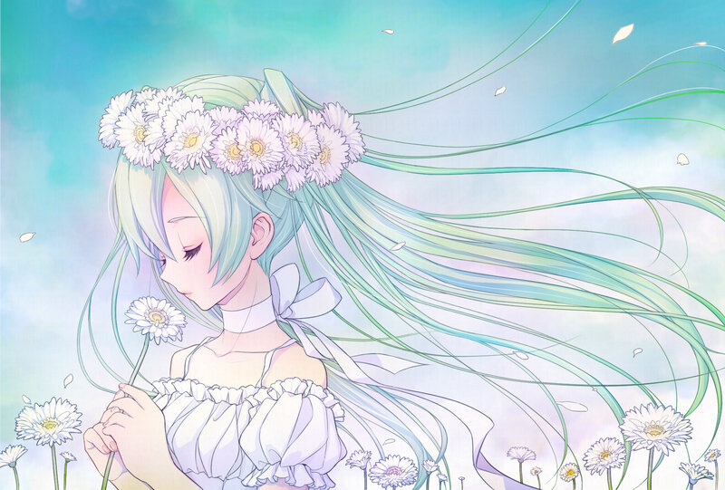 Anime Girl with Daisies — Blue, Serene