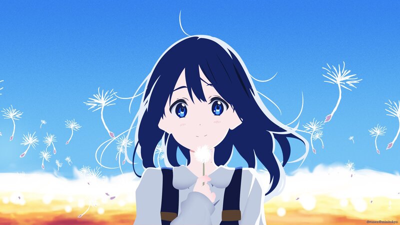 Anime Girl with Dandelion — Blue, Serene
