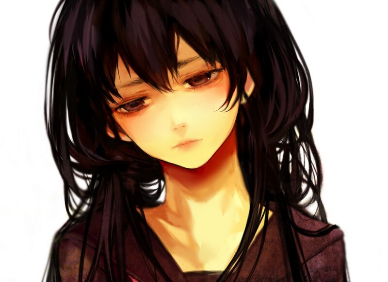 Anime Girl with Dark Hair — Black, Dramatic, Digital Art, Dark Hair, Neckline, Eyes