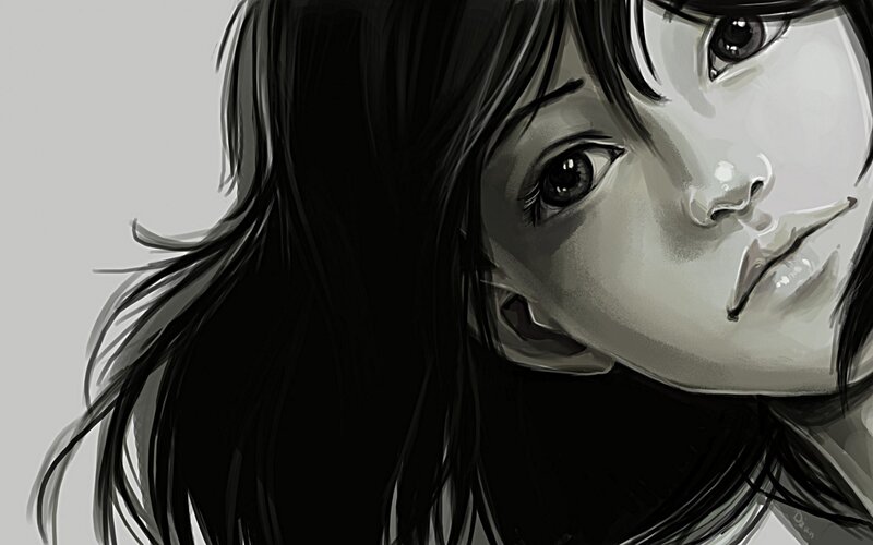 Anime Girl with Dark Hair — Black, Dramatic, Digital Art, Eyes