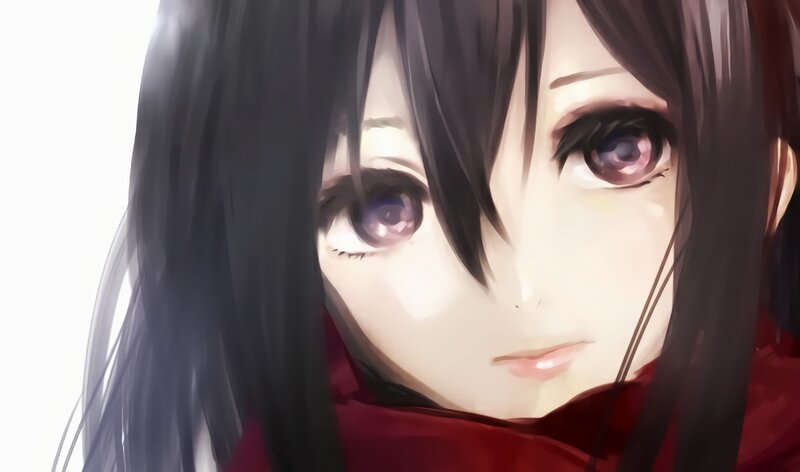 Anime Girl with Dark Hair — Black, Dramatic, Digital Art, Scarf