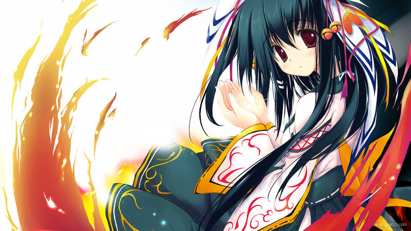 Anime Girl with Dark Hair — Black, Dramatic, Fire