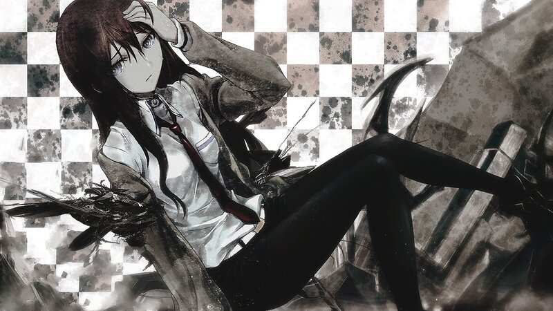 Anime Girl with Dark Hair — Black, Dramatic, Manga, Checkered Background